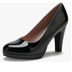 miss left Black Low Platform Chunky High Heel Slip On Closed Round Toe Pump